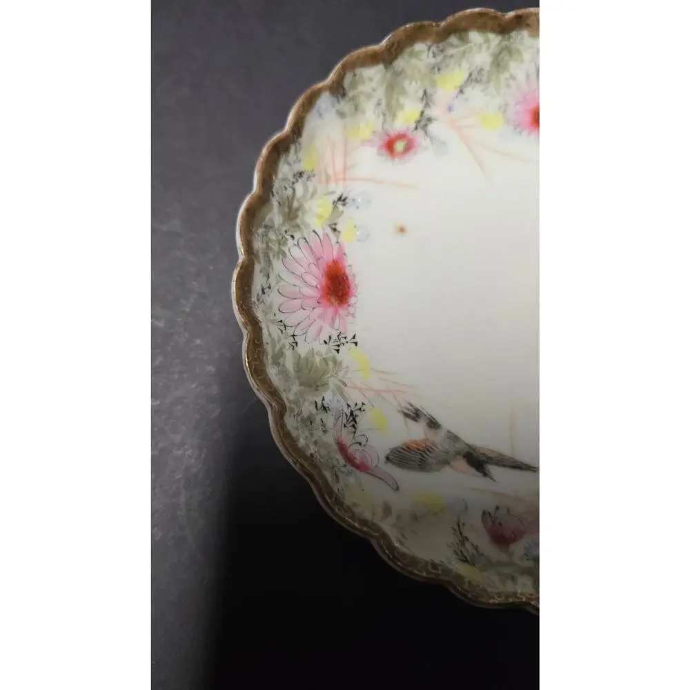 Vintage Unmarked Porcelain Plate Birds Pink Floral Gold Trim Scalloped Edge